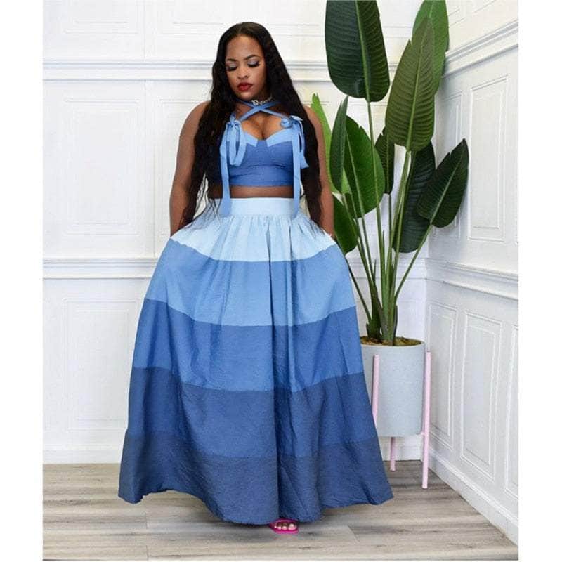 Cap Point Mongengo Two Piece Matching Summer Striped Sleeveless Top Skirt