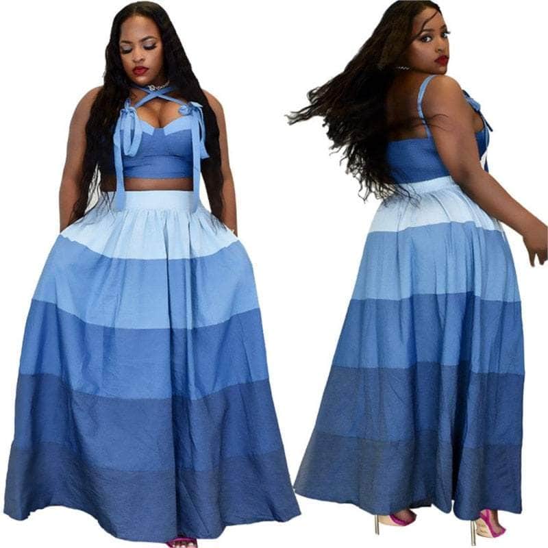 Cap Point Mongengo Two Piece Matching Summer Striped Sleeveless Top Skirt