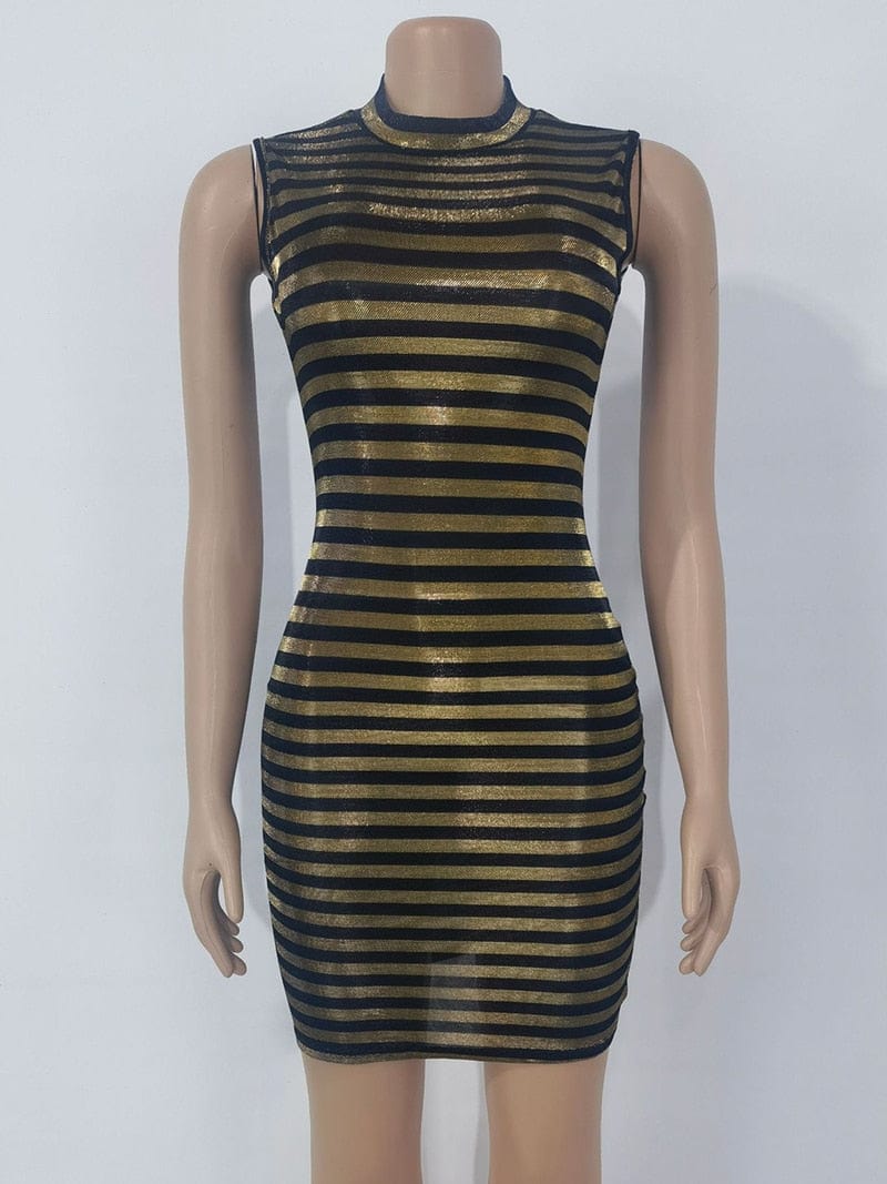 Cap Point Monroe Glossy Striped Crew Neck Sleeveless Cocktail Bodycon Dress