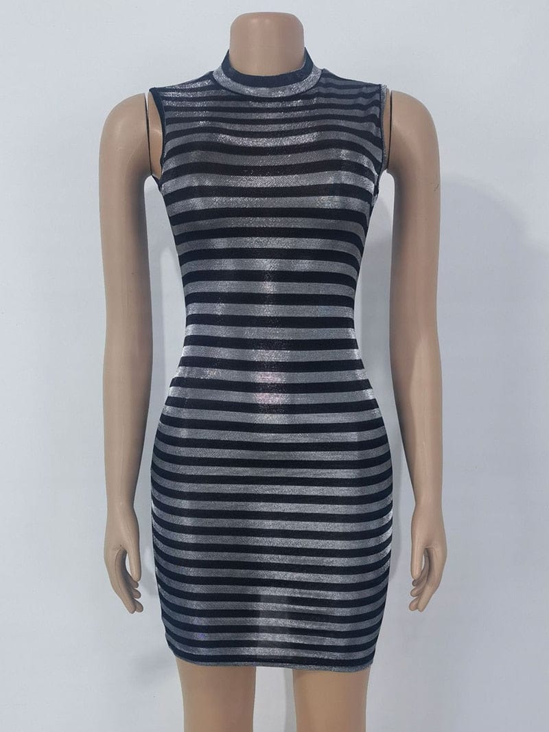 Cap Point Monroe Glossy Striped Crew Neck Sleeveless Cocktail Bodycon Dress
