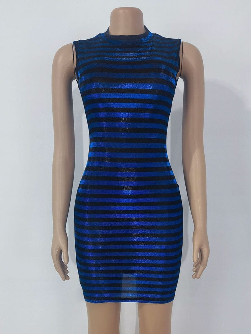 Cap Point Monroe Glossy Striped Crew Neck Sleeveless Cocktail Bodycon Dress