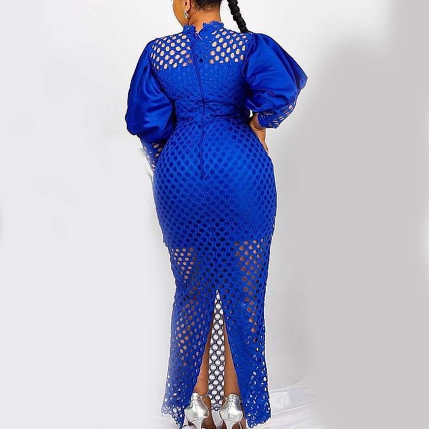 Cap Point Monroe Hollow Out Lantern Sleeve Bodycon High Waisted Ankle Length Luxury Dress