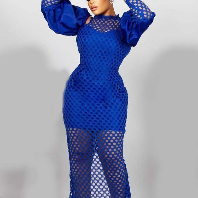 Cap Point Monroe Hollow Out Lantern Sleeve Bodycon High Waisted Ankle Length Luxury Dress