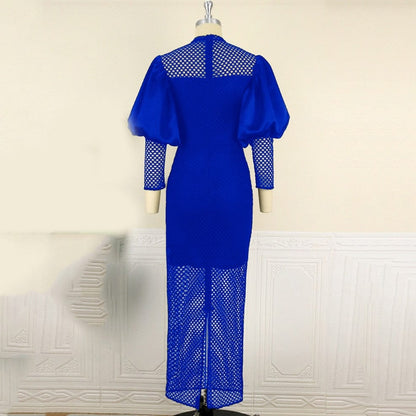 Cap Point Monroe Hollow Out Lantern Sleeve Bodycon High Waisted Ankle Length Luxury Dress