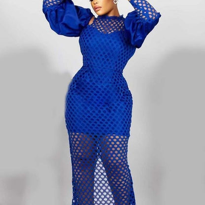 Cap Point Monroe Hollow Out Lantern Sleeve Bodycon High Waisted Ankle Length Luxury Dress