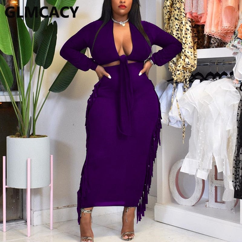 Cap Point Monroe Long Sleeve Tie Front Crop Top and Tassels Bodycon Maxi Skirt Set