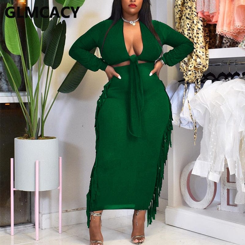 Cap Point Monroe Long Sleeve Tie Front Crop Top and Tassels Bodycon Maxi Skirt Set