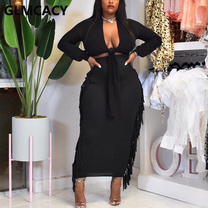 Cap Point Monroe Long Sleeve Tie Front Crop Top and Tassels Bodycon Maxi Skirt Set