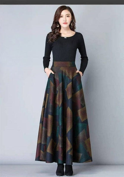 Cap Point Multicolor grid / S Mardelena Vintage High Waist Woolen Maxi Skirt