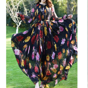 Cap Point Multicolor / S Amelia Loose Floral Flowy Chiffon Printed Maxi Dress