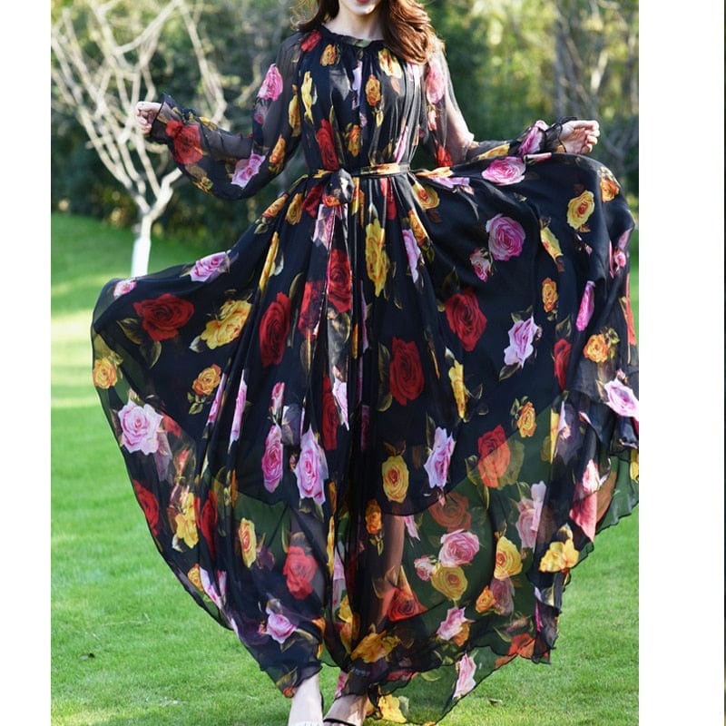 Cap Point Multicolor / S Aria Floral Printed  Loose Chiffon Fashion Maxi Dress