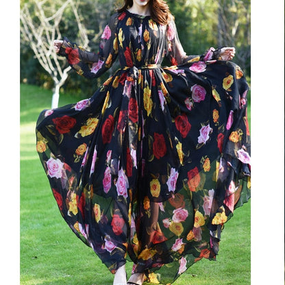 Cap Point Multicolor / S Aria Floral Printed  Loose Chiffon Fashion Maxi Dress