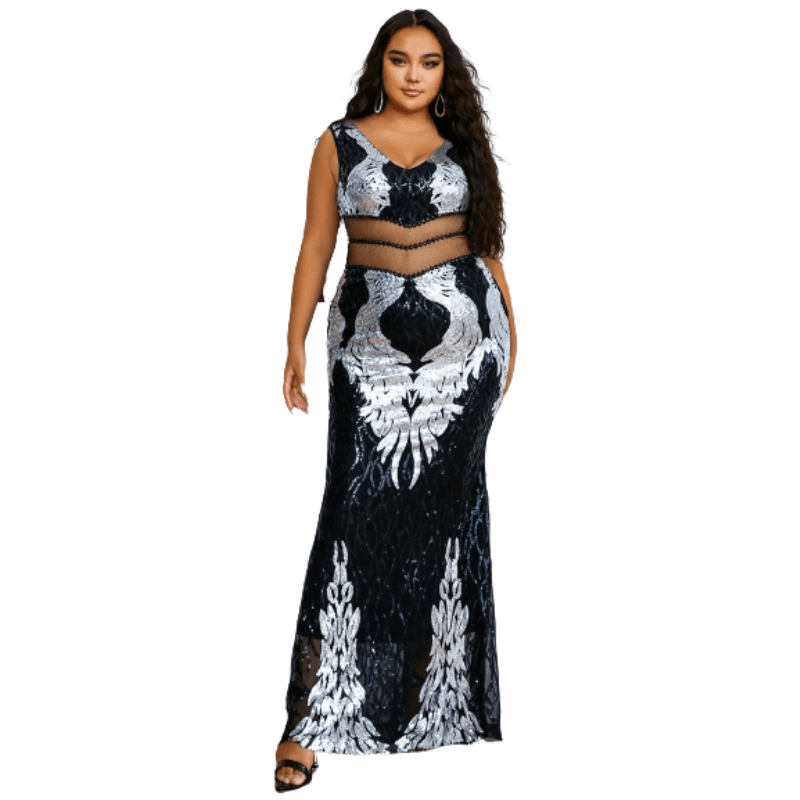 Cap Point Naella Plus Size Sequin Sexy V Neck Backless Bodycon Sleeveless Elegant Maxi Dress