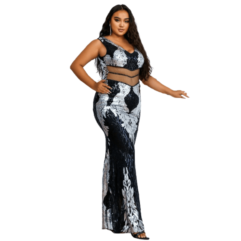 Cap Point Naella Plus Size Sequin Sexy V Neck Backless Bodycon Sleeveless Elegant Maxi Dress