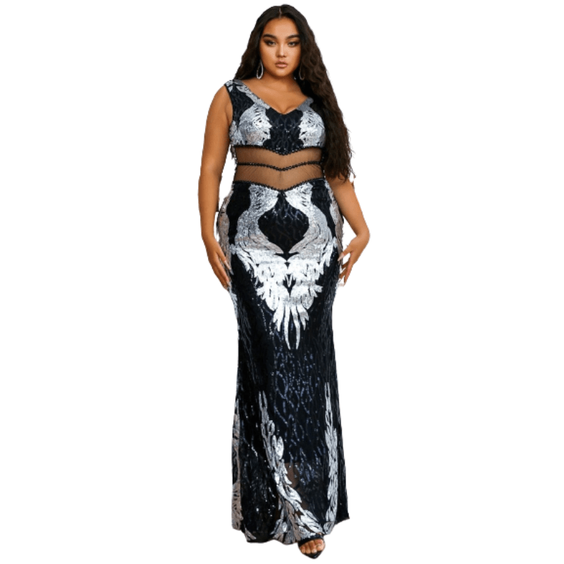 Cap Point Naella Plus Size Sequin Sexy V Neck Backless Bodycon Sleeveless Elegant Maxi Dress