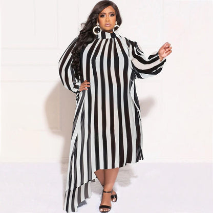 Cap Point Natalie Loose Stripe Printing Long Sleeve Irregular Maxi Dress