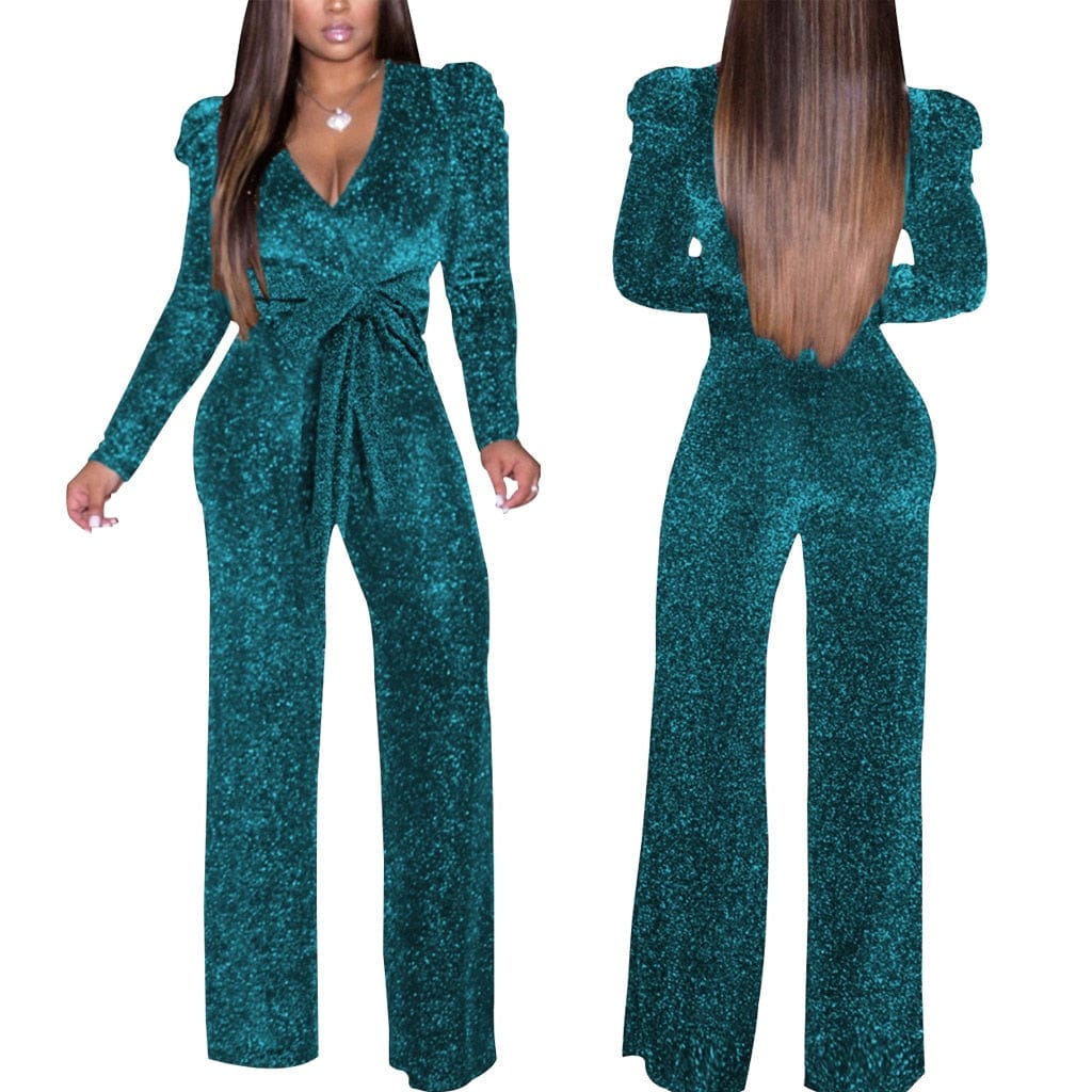 Cap Point Natasha Elastic Glitter Long Sleeve V-neck Romper