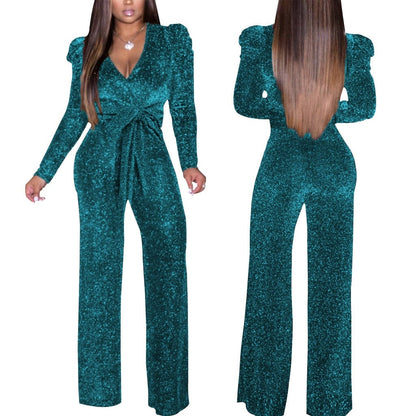 Cap Point Natasha Elastic Glitter Long Sleeve V-neck Romper