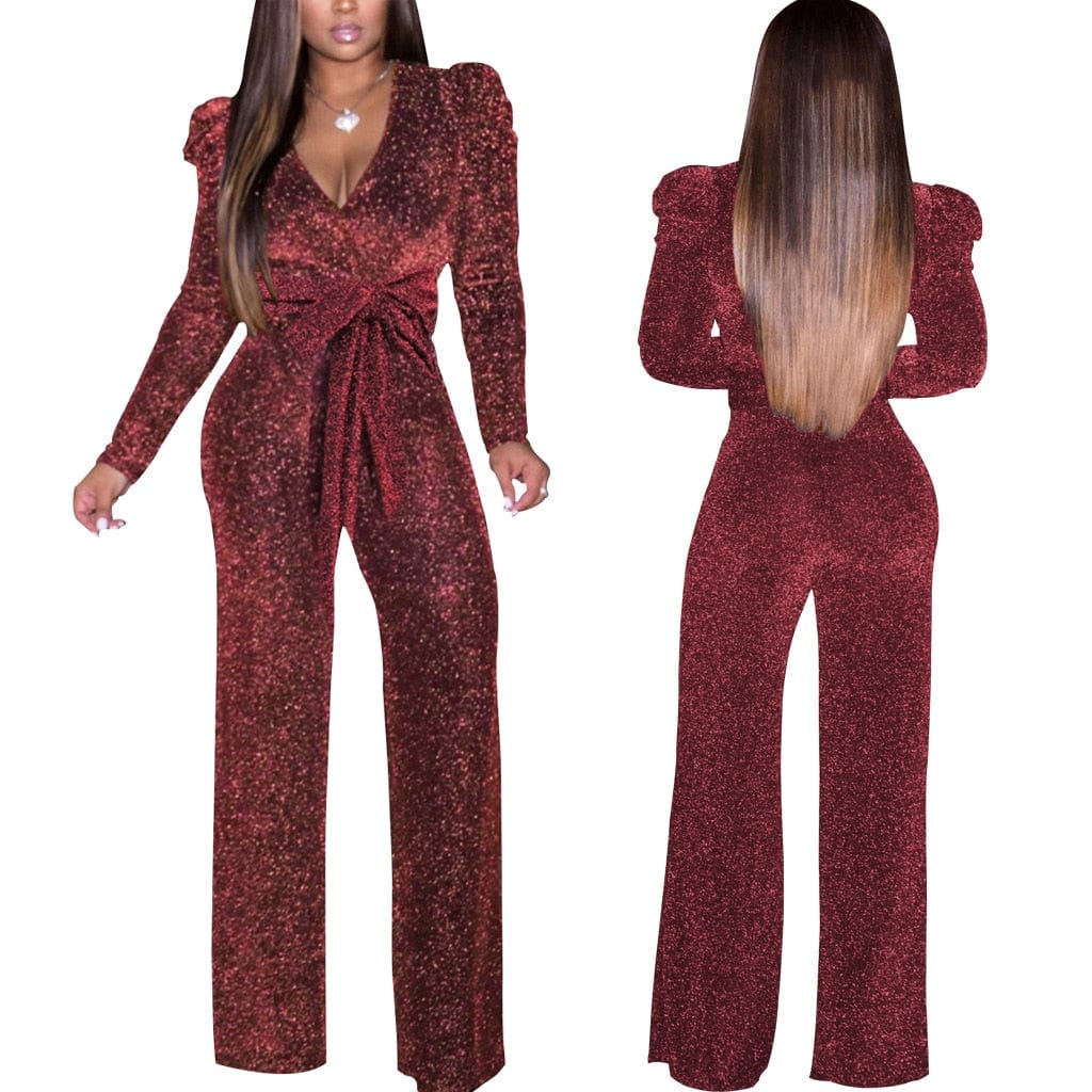 Cap Point Natasha Elastic Glitter Long Sleeve V-neck Romper
