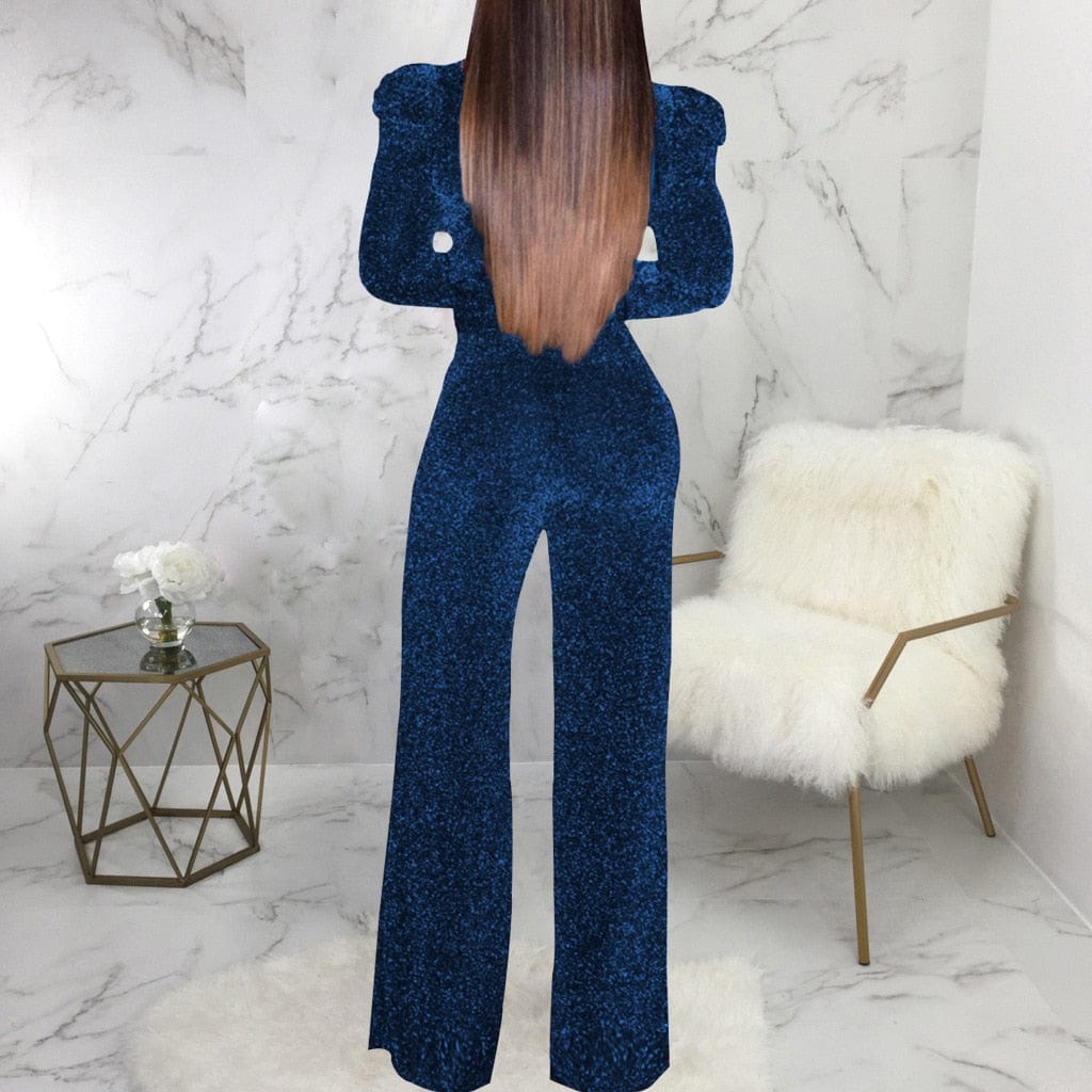 Cap Point Natasha Elastic Glitter Long Sleeve V-neck Romper