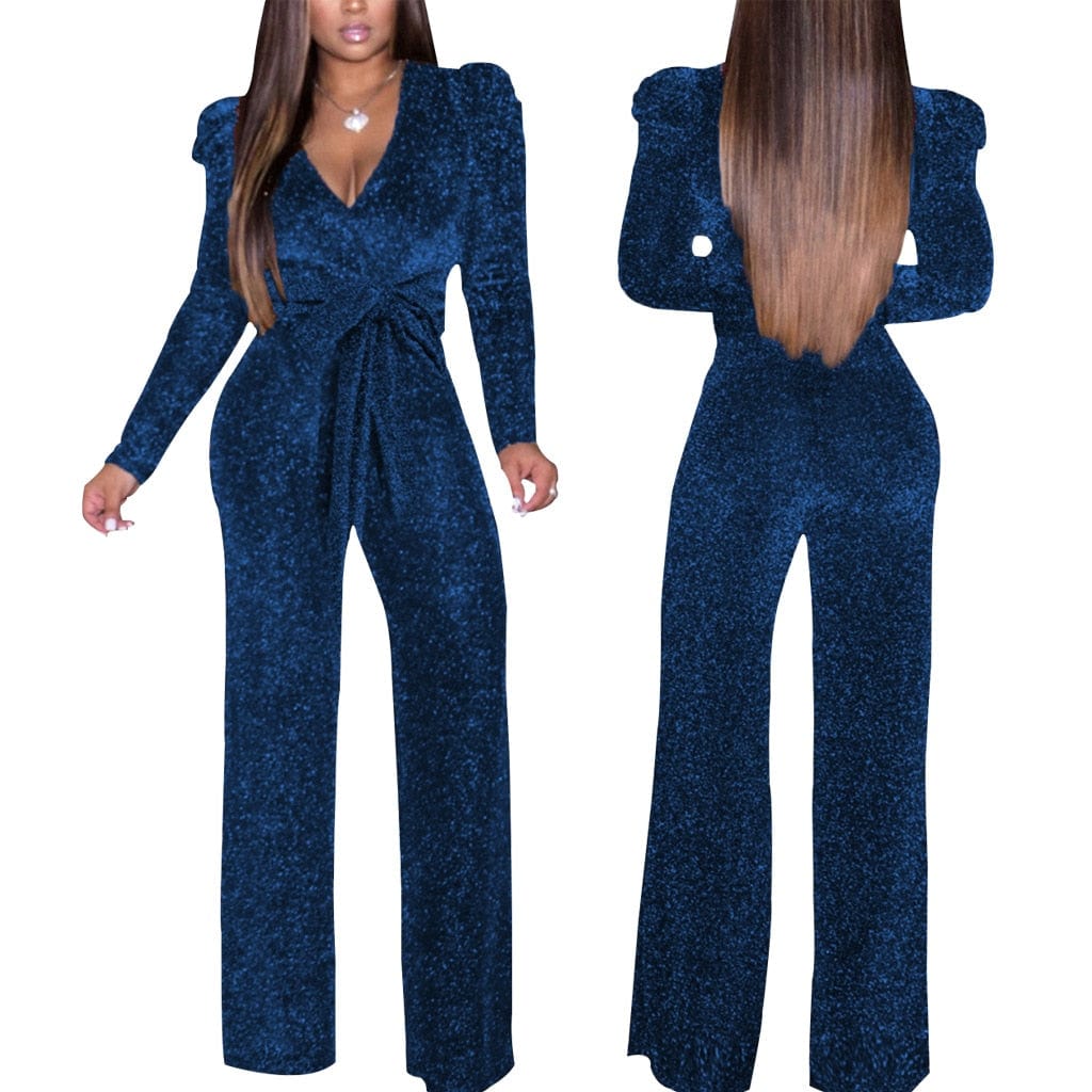 Cap Point Natasha Elastic Glitter Long Sleeve V-neck Romper