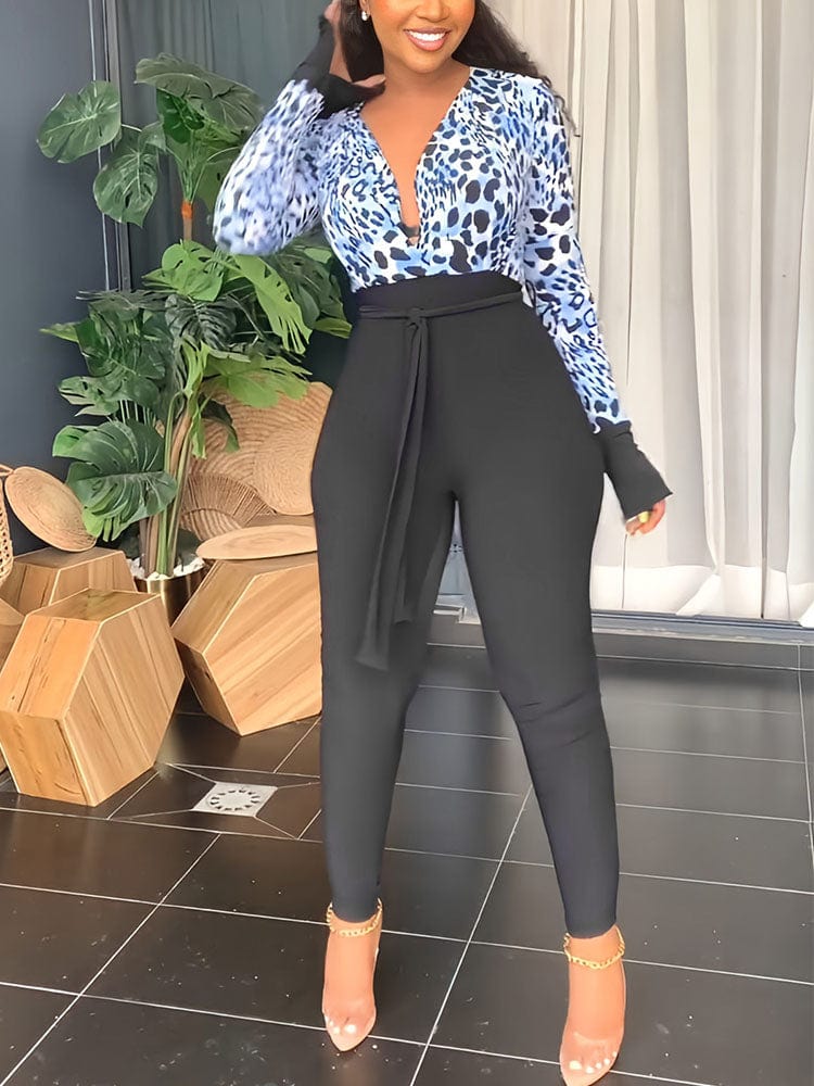 Cap Point Natasha Long Sleeve V Neck Patchwork Jumpsuit