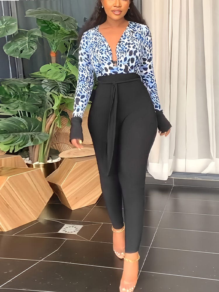 Cap Point Natasha Long Sleeve V Neck Patchwork Jumpsuit