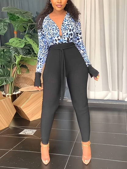 Cap Point Natasha Long Sleeve V Neck Patchwork Jumpsuit