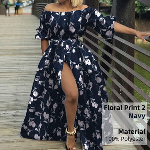 Cap Point Navy 2 / S Carla Sexy Off Shoulder High Split Maxi Dress