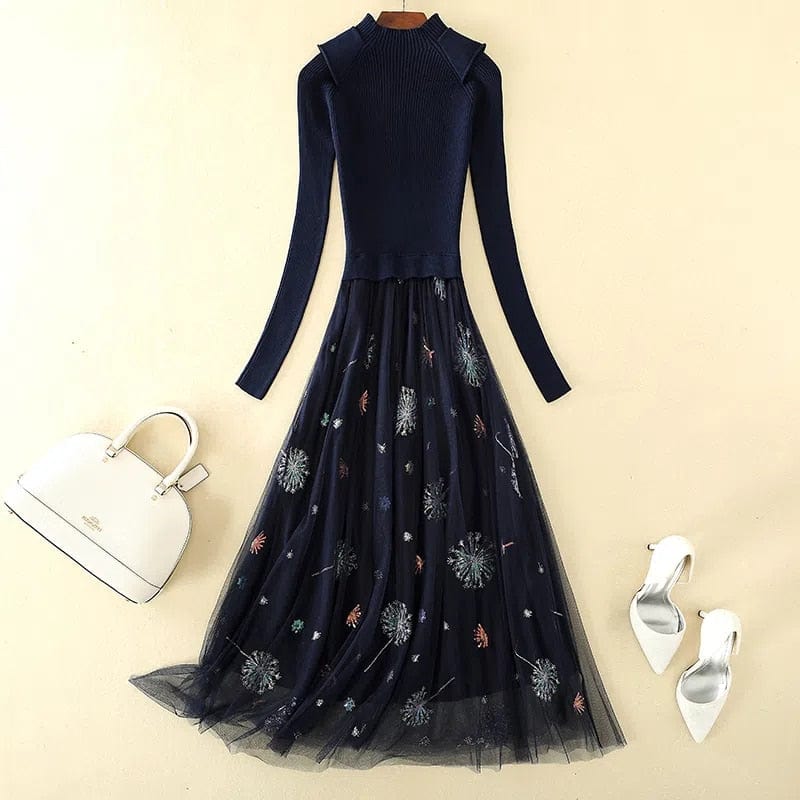 Cap Point Navy Blue 1 / S Okeleye Fashion Embroidery Mesh Patchwork Knitted Sweater Dress