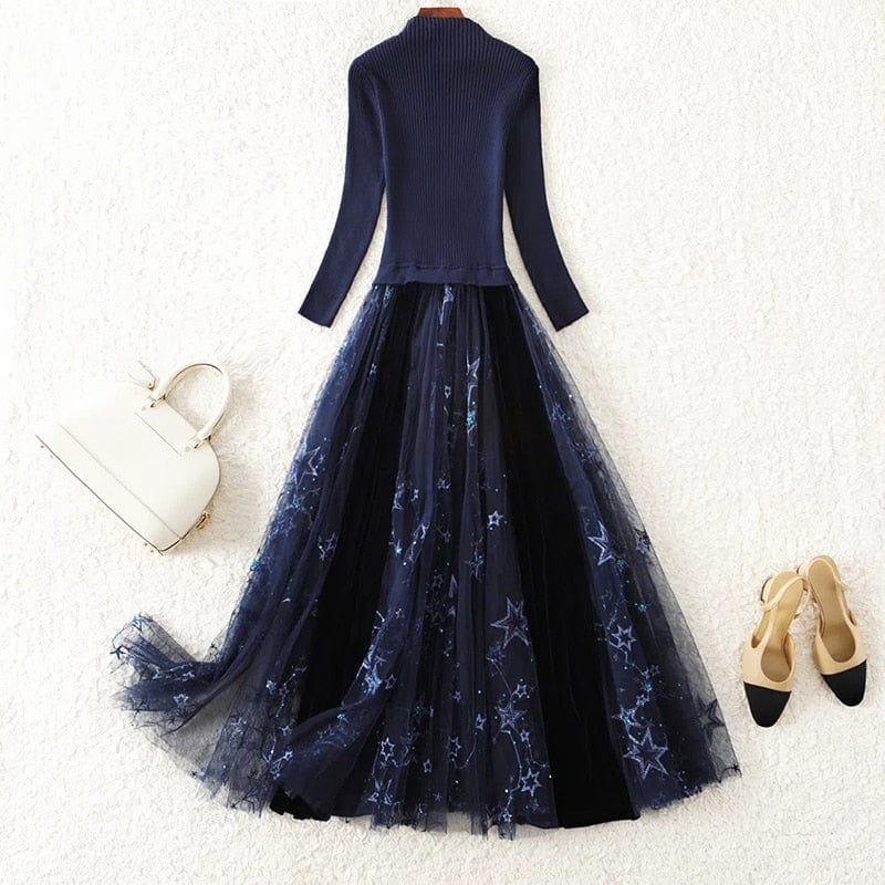 Cap Point Navy Blue 2 / S Okeleye Fashion Embroidery Mesh Patchwork Knitted Sweater Dress