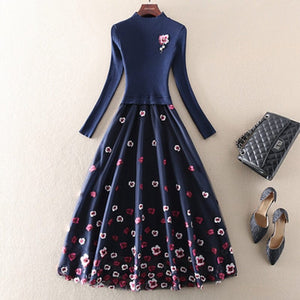 Cap Point Navy Blue 3 / S Okeleye Fashion Embroidery Mesh Patchwork Knitted Sweater Dress