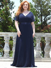 Load image into Gallery viewer, Cap Point Navy Blue / 4 Mileine Elegant Long Evening A Line V Neck Ruffles Chiffon Formal Wedding Party Dress
