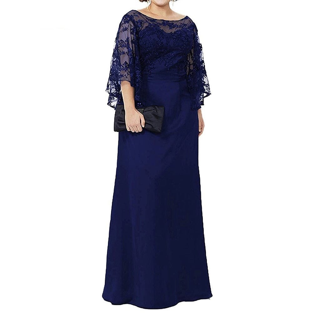 Cap Point Navy Blue / 8 Rebecca New Lace Chiffon Half Sleeves Floor Length Mother Of The Bride Dress