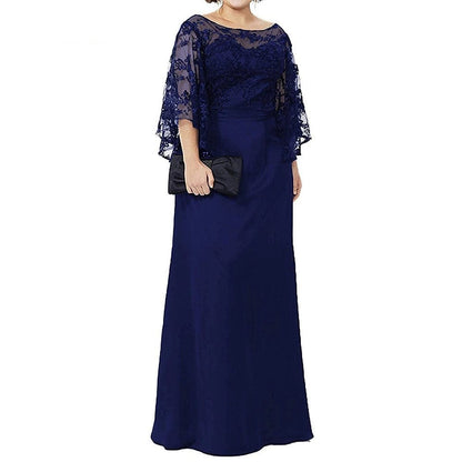 Cap Point Navy Blue / 8 Rebecca New Lace Chiffon Half Sleeves Floor Length Mother Of The Bride Dress