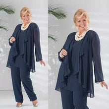 Load image into Gallery viewer, Cap Point Navy Blue / 8 Three Piece Chiffon Long Sleeve Jacket Mother of the Bride Pant Suit
