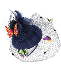 Load image into Gallery viewer, Cap Point Navy Blue Mirva Kentucky Derby Flower Batterfly Veil Tea Party Wedding Party Hat Fascinators
