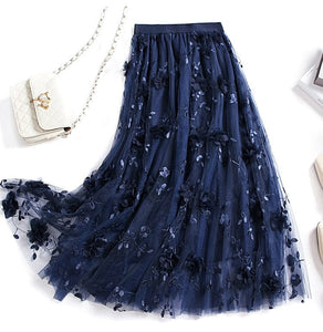 Cap Point navy blue / One Size Luxury style Elastic Waist Appliques Embroidery Floral Mesh Skirt