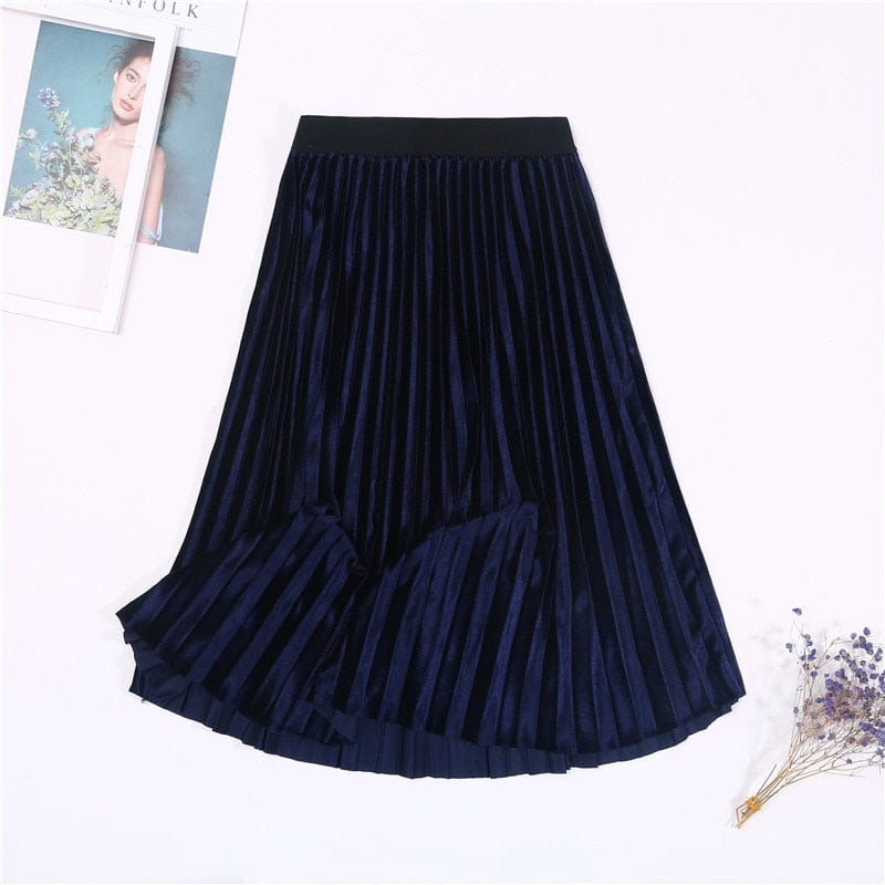 Cap Point Navy Blue / One Size Vintage Velvet High Waisted Elegant Pleated Skirt