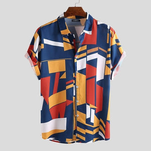 Cap Point Navy Blue / S Mens Geometric Print Lapel Short Sleeve Summer Shirt