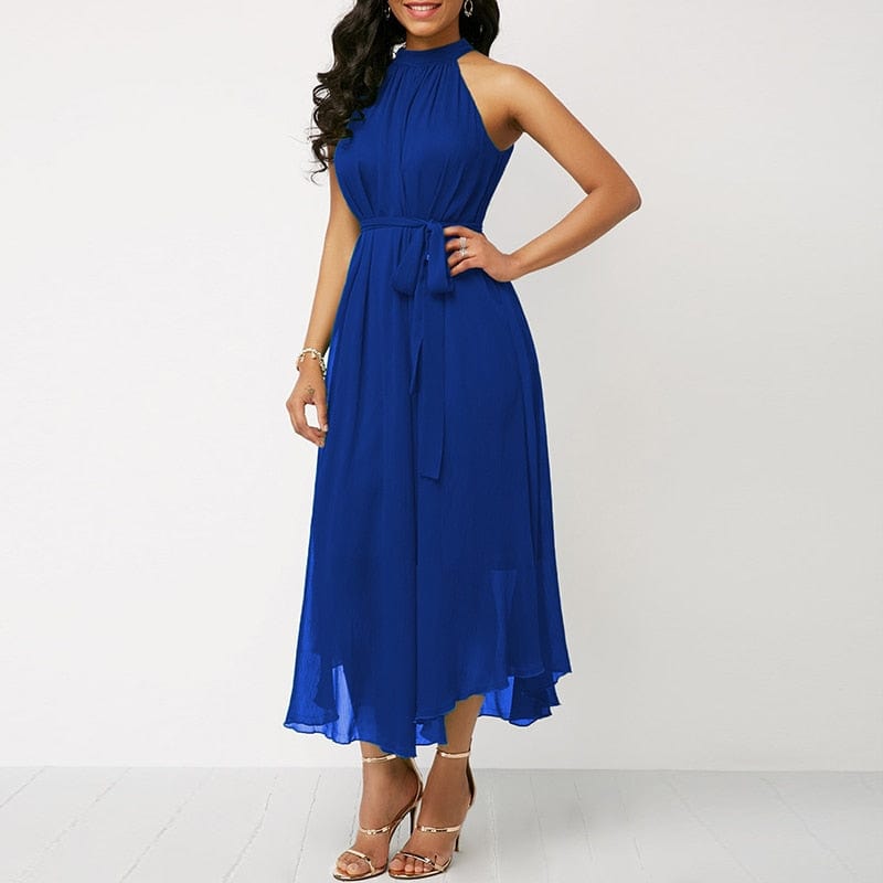 Cap Point Navy Blue / S Nelly Halter Neck Strapless Chiffon Pleated Lace Up Loose Off Shoulder Midi Dress