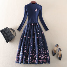 Load image into Gallery viewer, Cap Point Navy Blue / S Okeleye Fashion Embroidery Mesh Patchwork Knitted Sweater Dress
