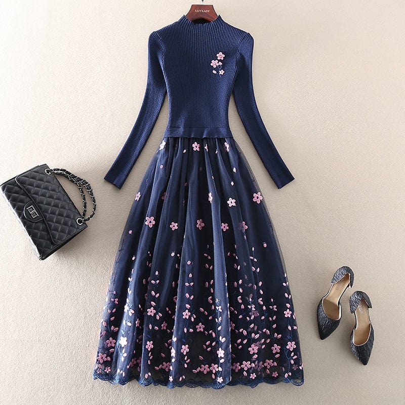 Cap Point Navy Blue / S Okeleye Fashion Embroidery Mesh Patchwork Knitted Sweater Dress