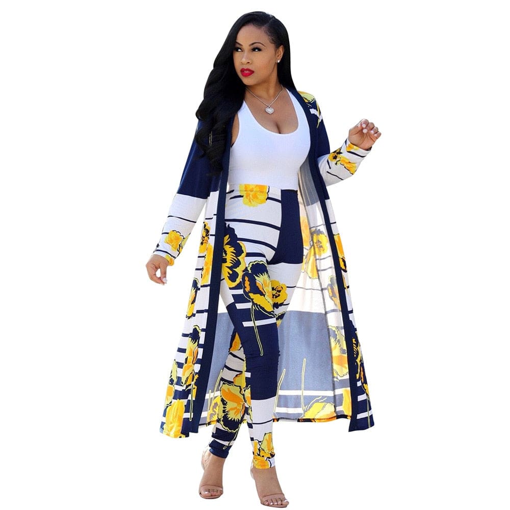 Cap Point Navy Blue / S Summer Print Long Sleeve Cardigan Pants Two Piece