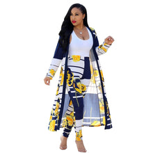 Load image into Gallery viewer, Cap Point Navy Blue / S Summer Print Long Sleeve Cardigan Pants Two Piece

