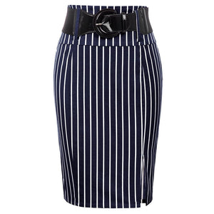 Cap Point Navy Blue / S / United States Pinstripe High Waist Belt Hips-wrapped knee vintage Skirt