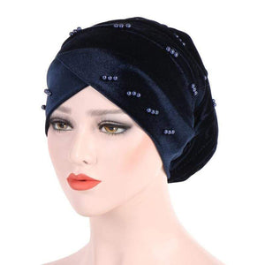 Cap Point Navy New Solid Pearl Beaded Turban Head Scarf