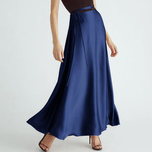 Cap Point Navy / S Elegant high waist high slit satin maxi skirt