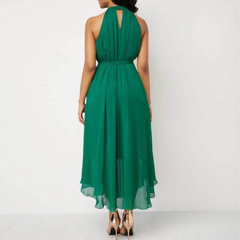 Cap Point Nelly Halter Neck Strapless Chiffon Pleated Lace Up Loose Off Shoulder Midi Dress