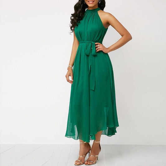 Cap Point Nelly Halter Neck Strapless Chiffon Pleated Lace Up Loose Off Shoulder Midi Dress